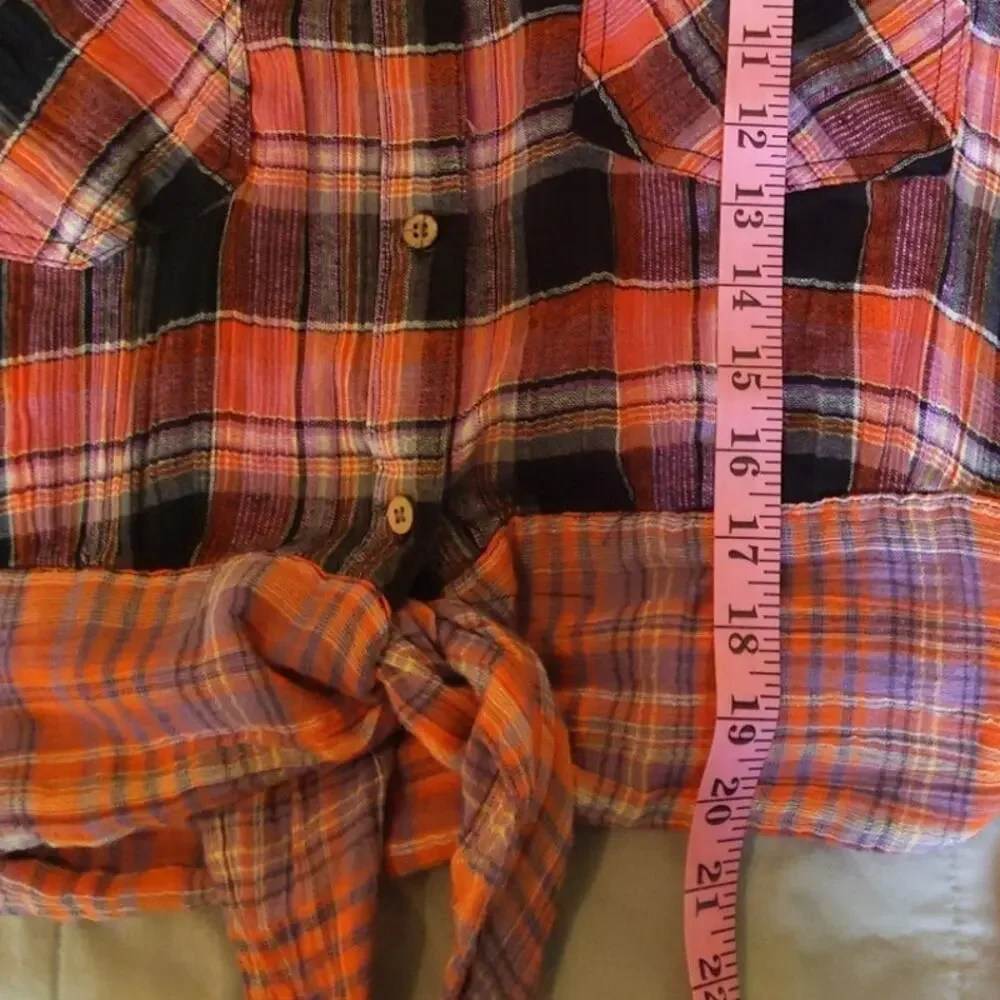 Free People We The Free Pink Orange Plaid Tie Front Western Shirt Medium - Picture 6 of 7